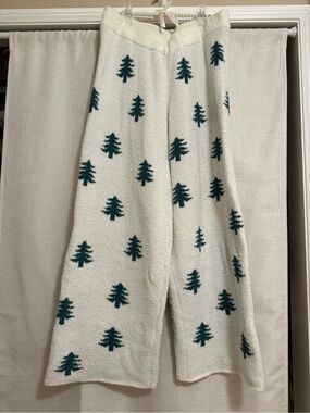 Cozy White Fleece Pajama Pants with Green Tree Print